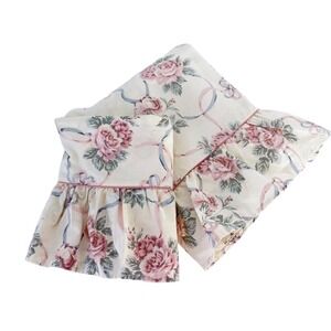 Vintage Pink & Blue Twin Top Flat Sheet Pillowcase Ruffled Shabby Farmhouse Chic